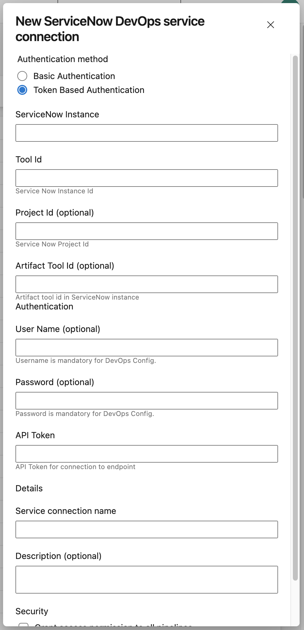 トークンベースの認証方法のための Azure DevOps の新しいサービス接続