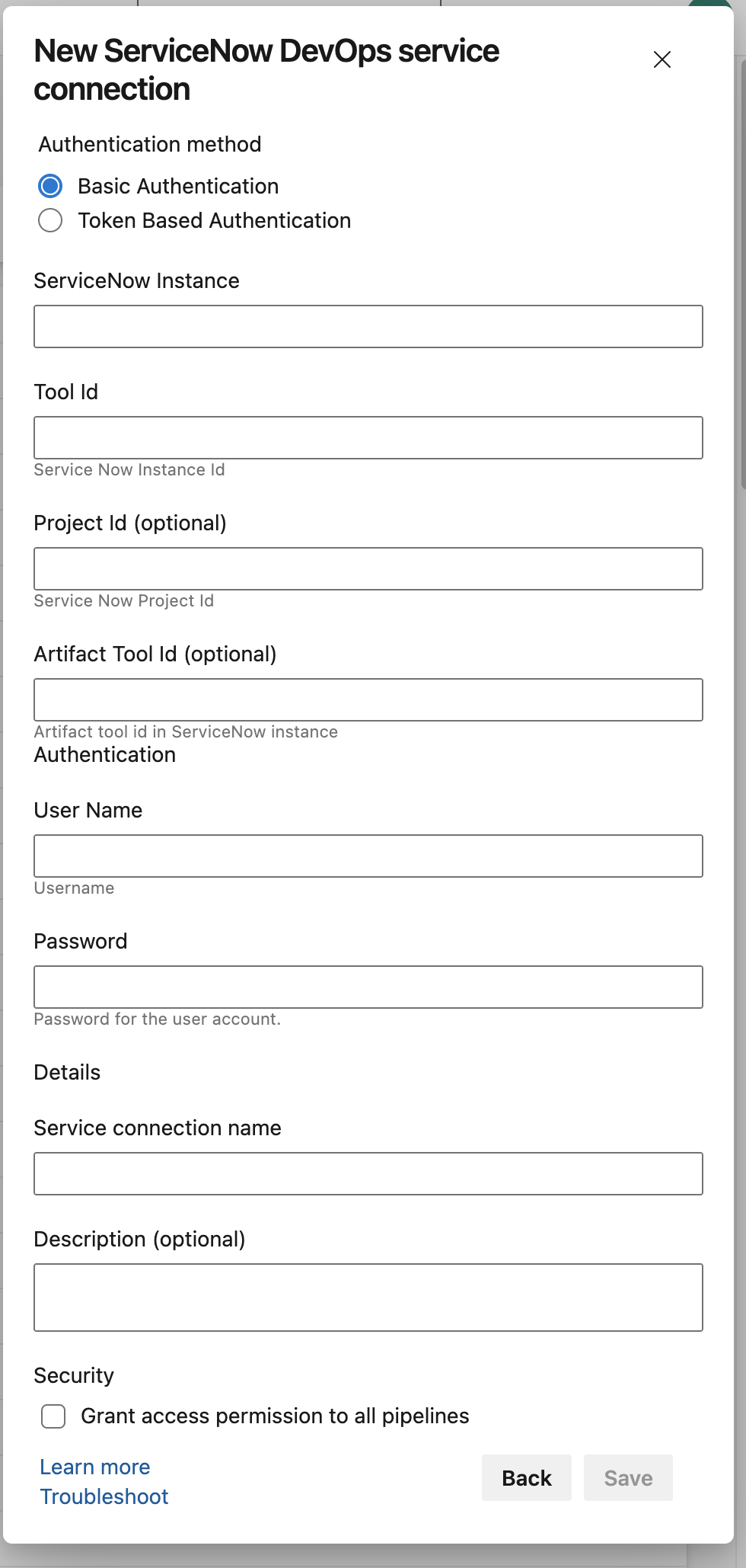 ベーシック認証方法のための Azure DevOps の新しいサービス接続