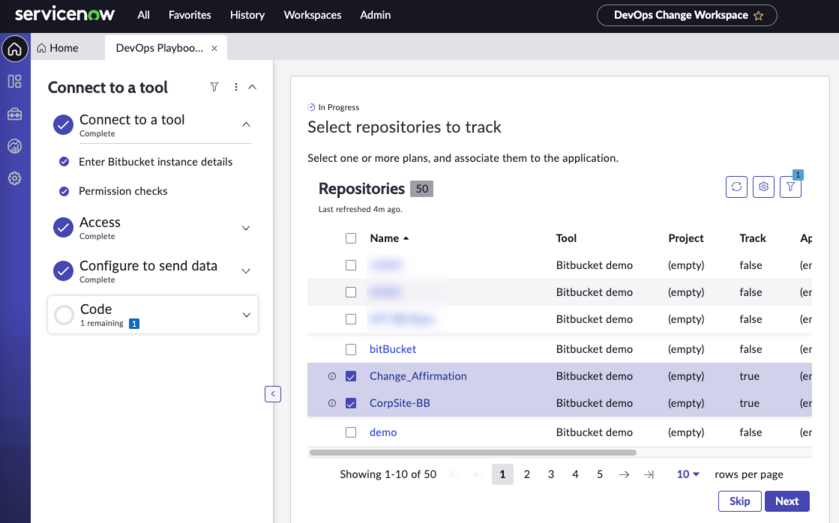 Bitbucket ツールに接続する - 追跡するリポジトリを選択 画面