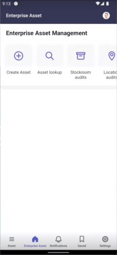 ServiceNow モバイルエージェントアプリケーションのエンタープライズ資産管理ホーム画面。