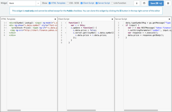 HTML 템플릿, CSS, 클라이언트 스크립트 및 서버 스크립트에 대한 스크립트 예제를 보여주는 계산기 위젯이 있는 위젯 편집기