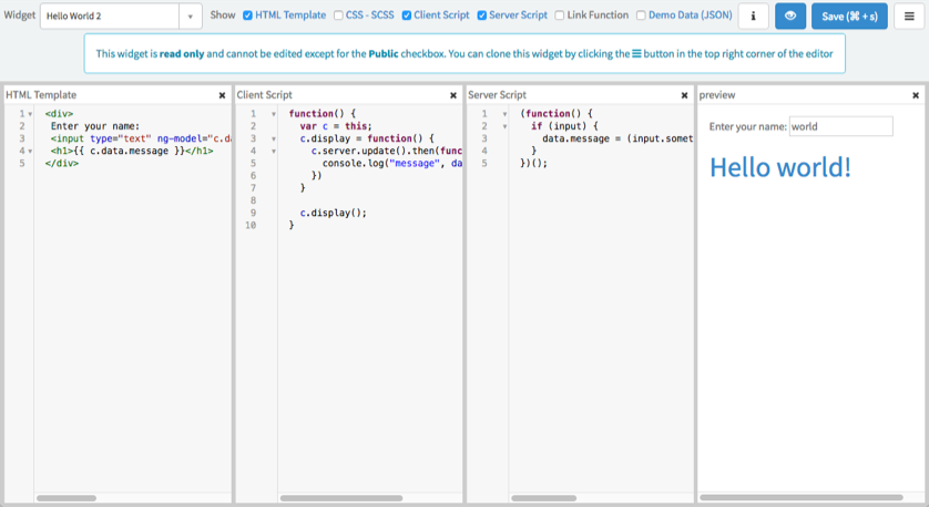 IDE의 HTML, 클라이언트 및 서버 스크립트를 보여주는 Hello World 2 위젯