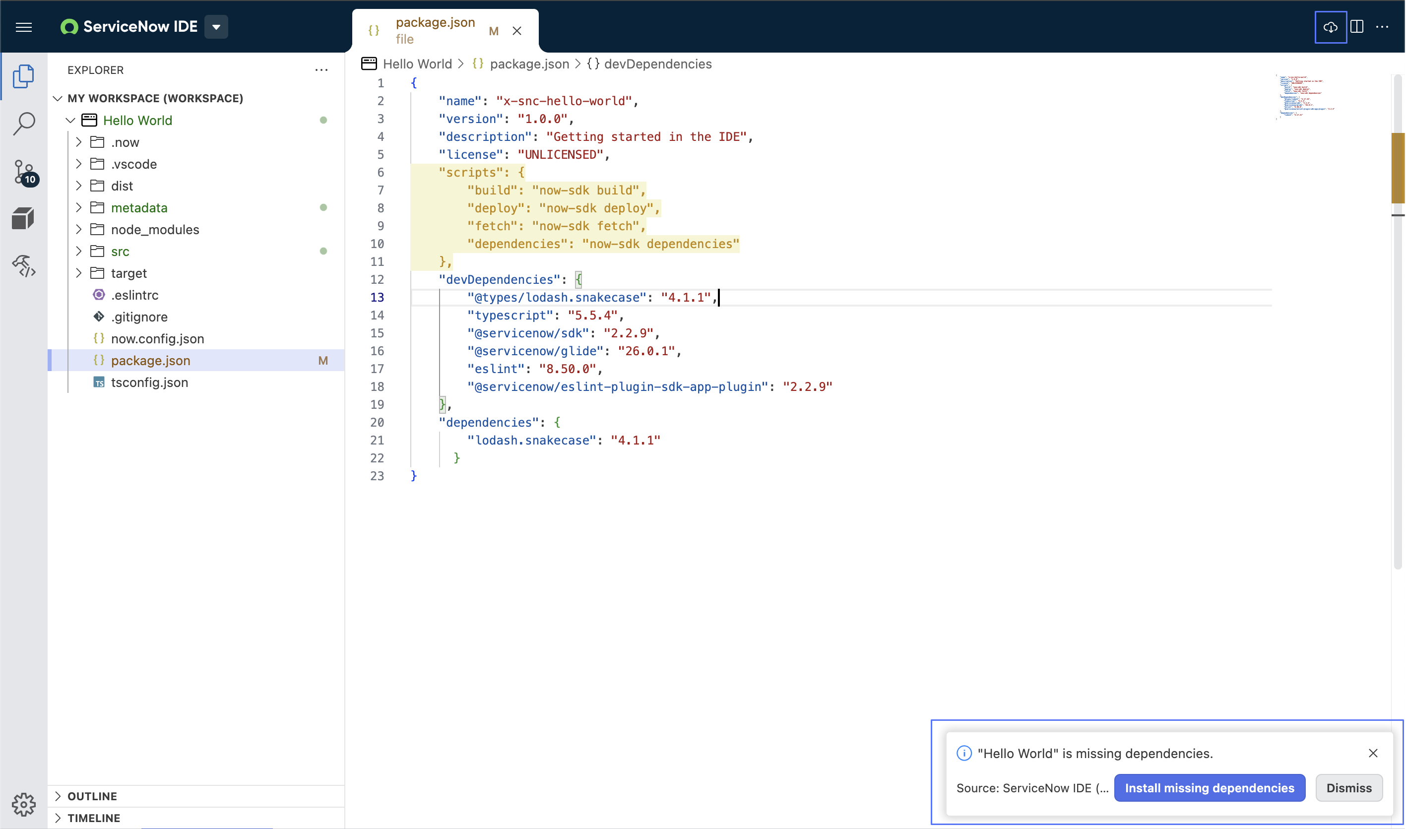 Opções para instalar dependências no IDE da ServiceNow.