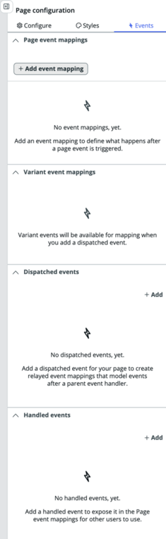 Painel de eventos no nível da página que mostra as opções de adição de eventos de página, variante, expedido e manipulado.