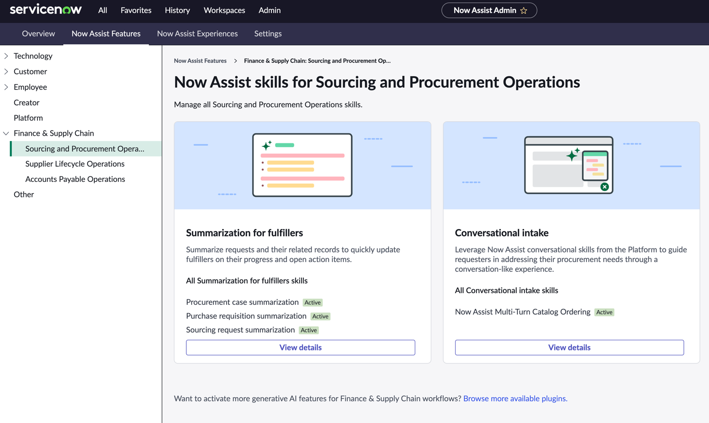Habilidades do Now Assist para seção SPO, mostrando o resumo para executantes e os cartões de recurso de admissão de conversa.