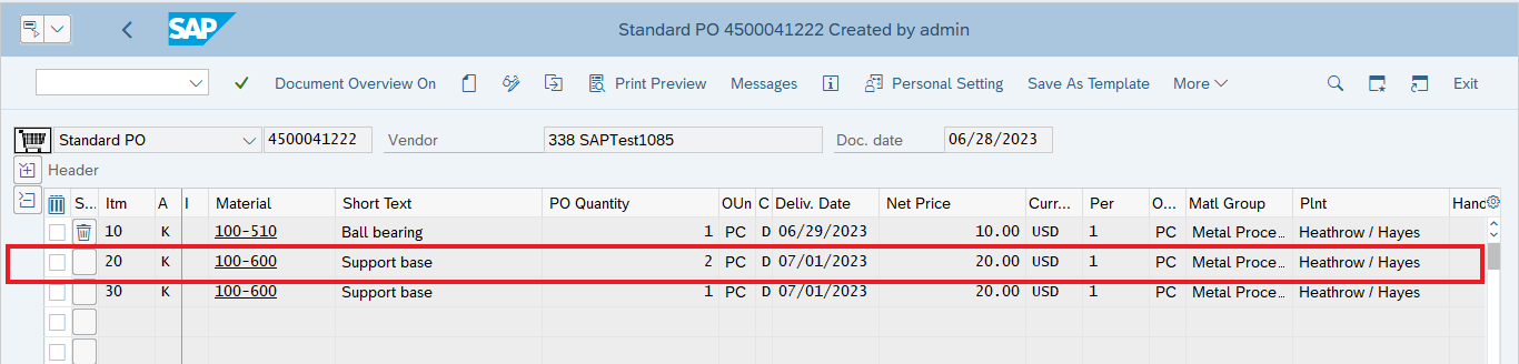 Atualização da OC no SAP, refletindo a mudança na quantidade da OC