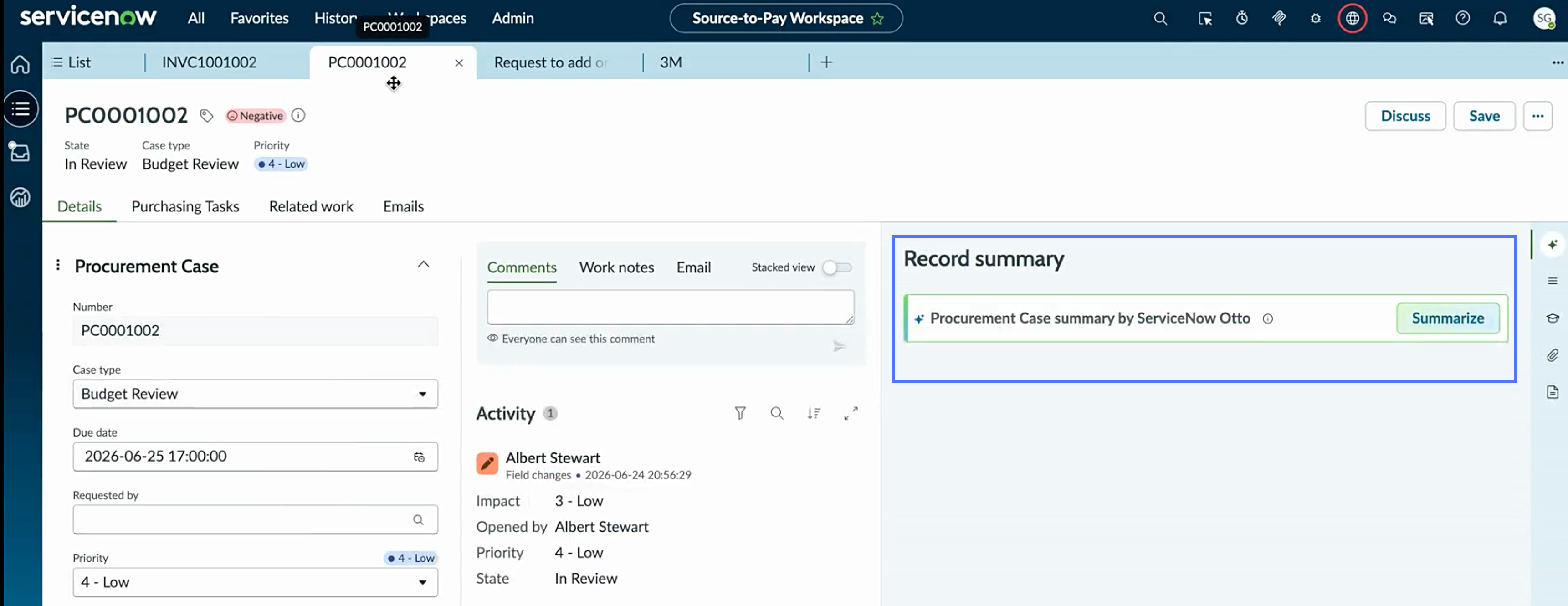 Summarize a procurement case by using ServiceNow Otto for Finance and ...