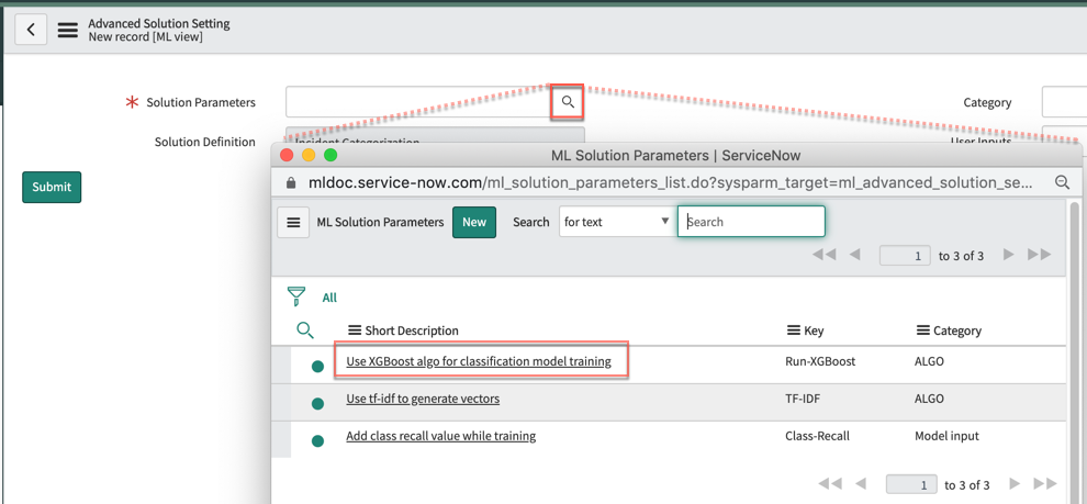 Como criar o registro de parâmetro selecionando o botão Pesquisar e, em seguida, selecionando a Descrição Resumida da chave XGBOOST.