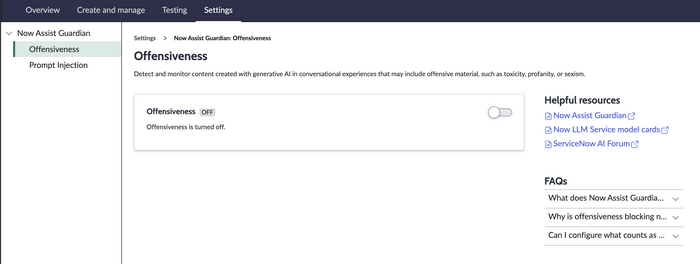 Página de configurações do AI Agent Studio
