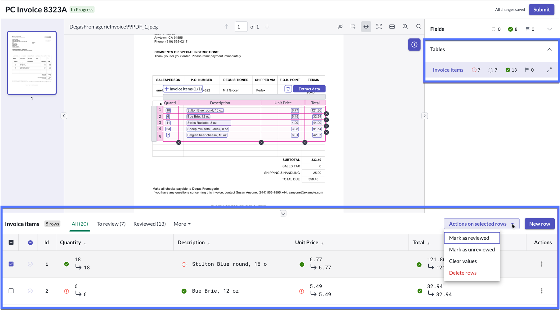 Painel de tabela no espaço Inteligência para documentos.