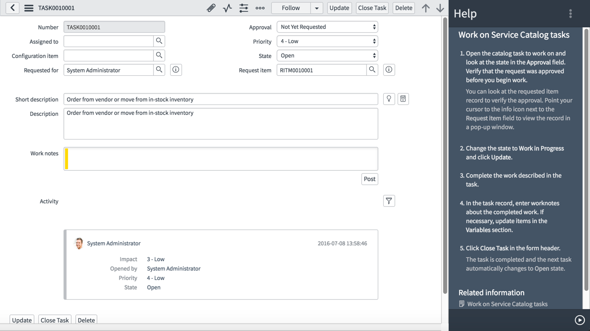 Catalog task page with embedded help