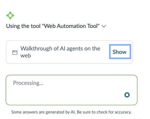 The Show button is highlighted for Walkthrough of AI agents on the web.