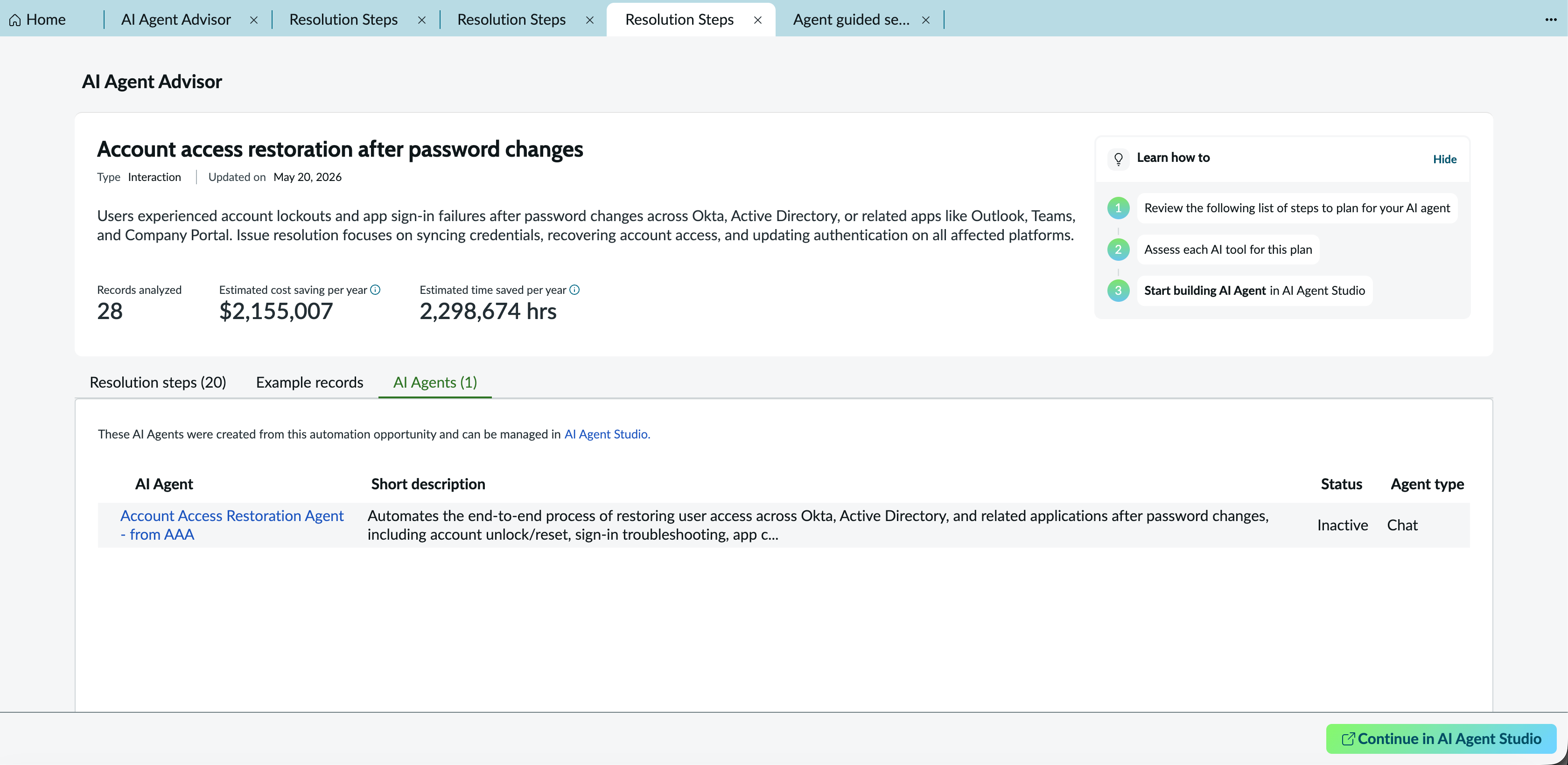 AI Agents tab on the resolution steps page showing the agents created for the automation opportunity.