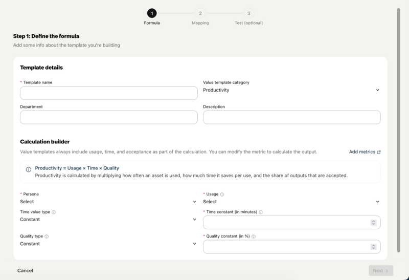 Formula section in the Create value template form in AI Control Tower