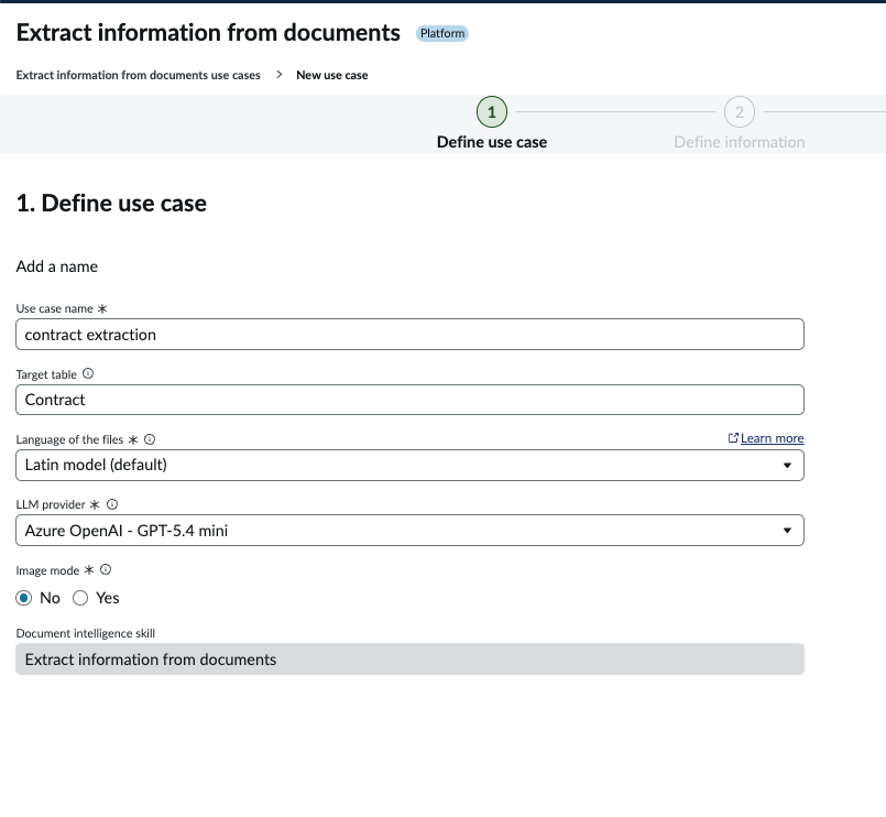 Define use case form showing fields for Use case name, Target table, Language of the files, LLM provider, Image mode, and Document intelligence skill.