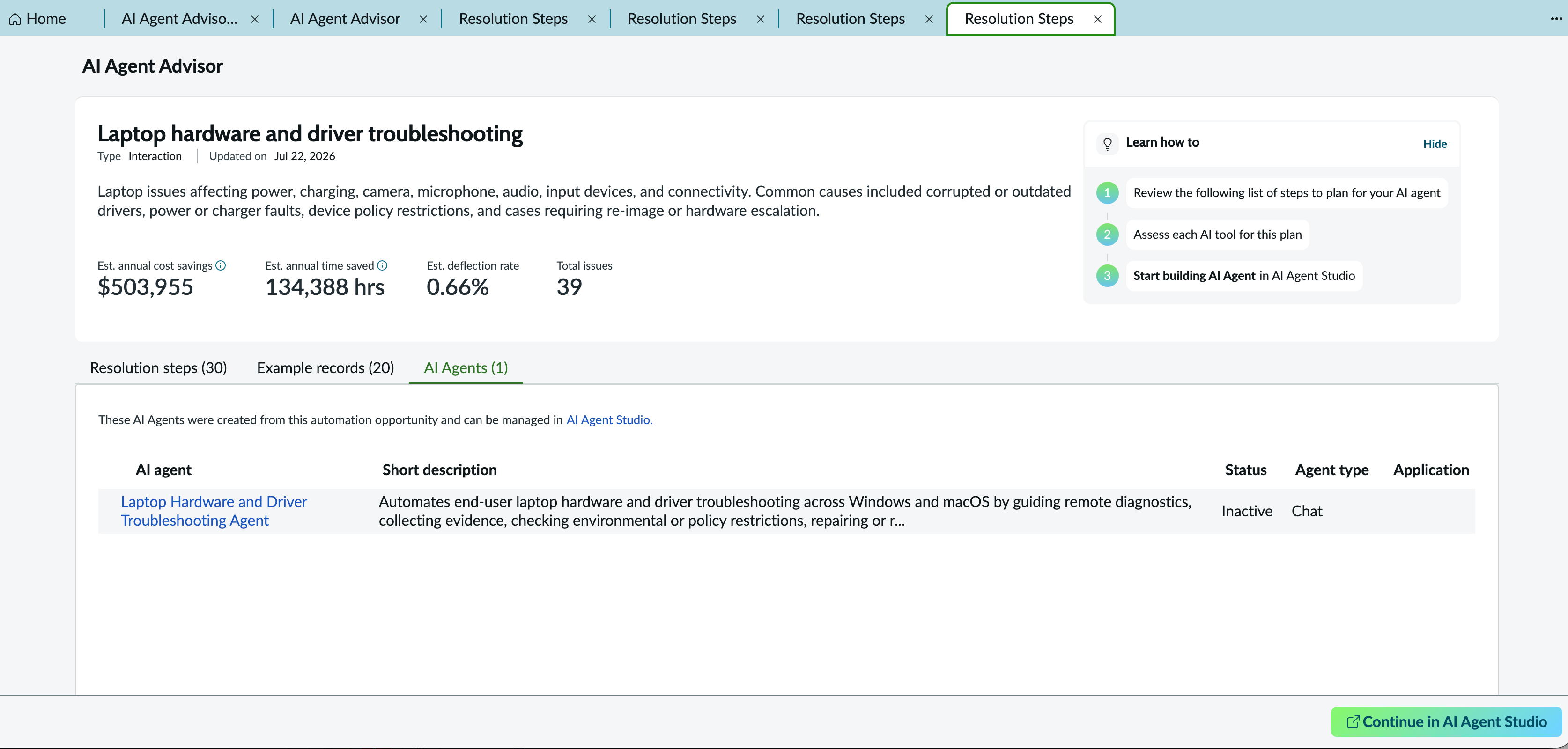 AI Agents tab on the resolution steps page showing the agents created for the automation opportunity.
