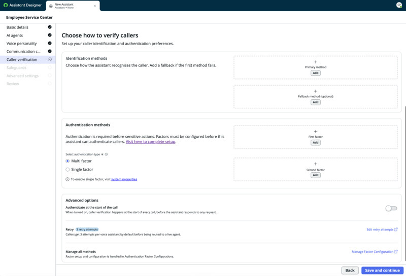 Caller verification step with Identification methods, Authentication methods with First and Second factor options, and Advanced options section.