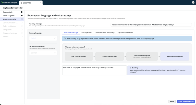 Language and voice step showing the Opening message field, primary and secondary language selection, and the Welcome message, Voice persona, Pronunciation dictionary, and Key term dictionary tabs.