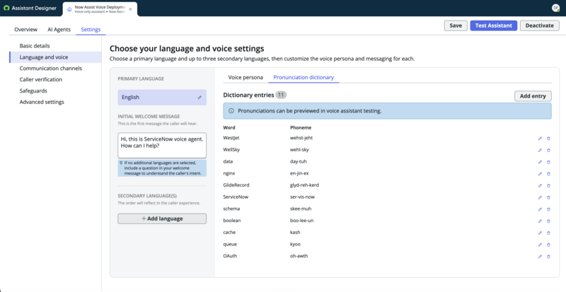 Pronunciation dictionary tab showing dictionary entries with Word and Phoneme columns, and an Add entry button.