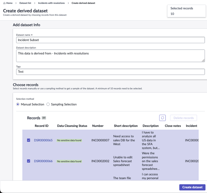 Create derived dataset form