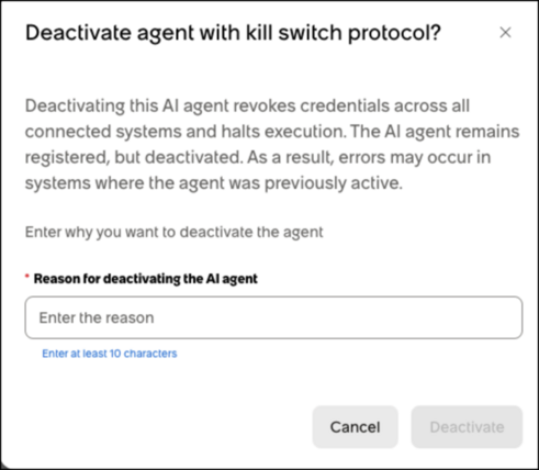 Deactivation confirmation with a prompt to enter the reason for deactivating the AI agent.