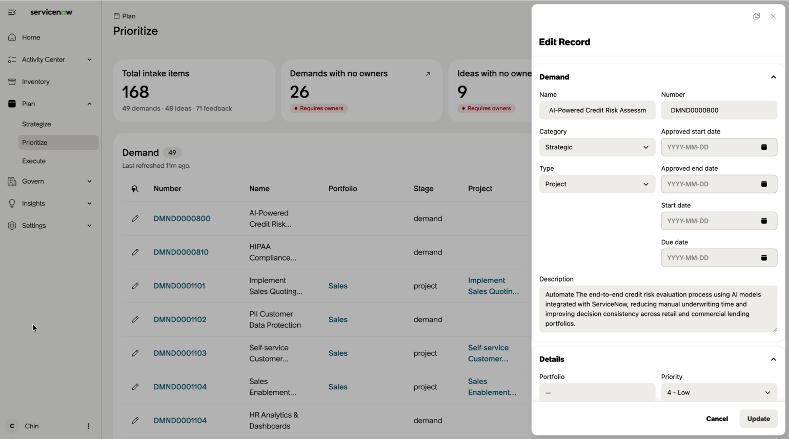 Edit the intake record in the Edit Record side panel.