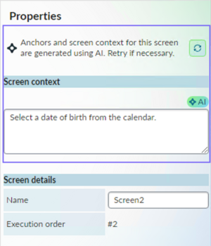 AI badge, retry option, and screen context for screens in the properties panel.