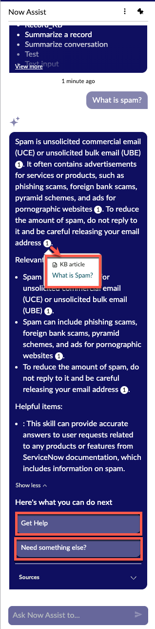 The Now Assist panel displaying an AI-generated answer to the question "What is spam?" with a KB article source reference and next step options.