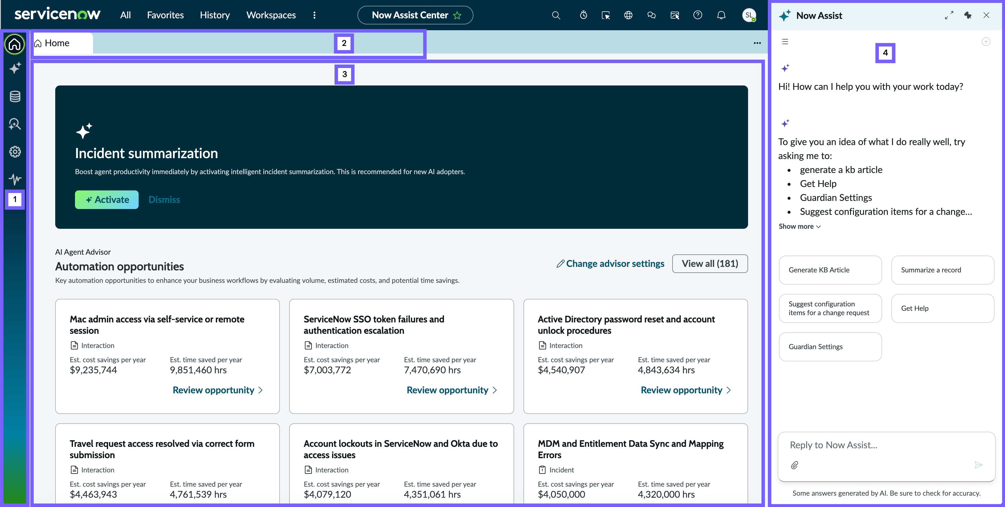 Now Assist Center workspace layout.