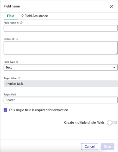 Field form showing configuration options for document extraction, including field name, details, field type, and target table.