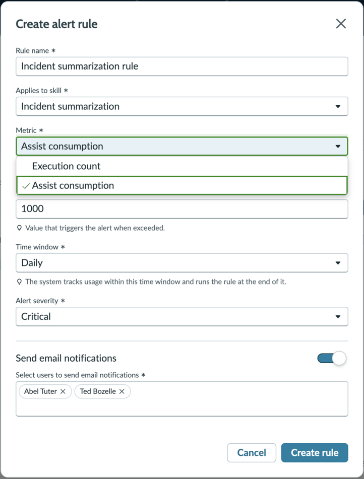 Create rule for alert usage