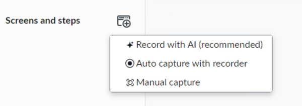 Record screens menu showing three options: Record with AI (recommended), Auto capture with recorder, and Manual capture.