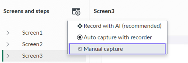 Design workspace displaying two options: Auto-capture with recorder and Manual capture screens.