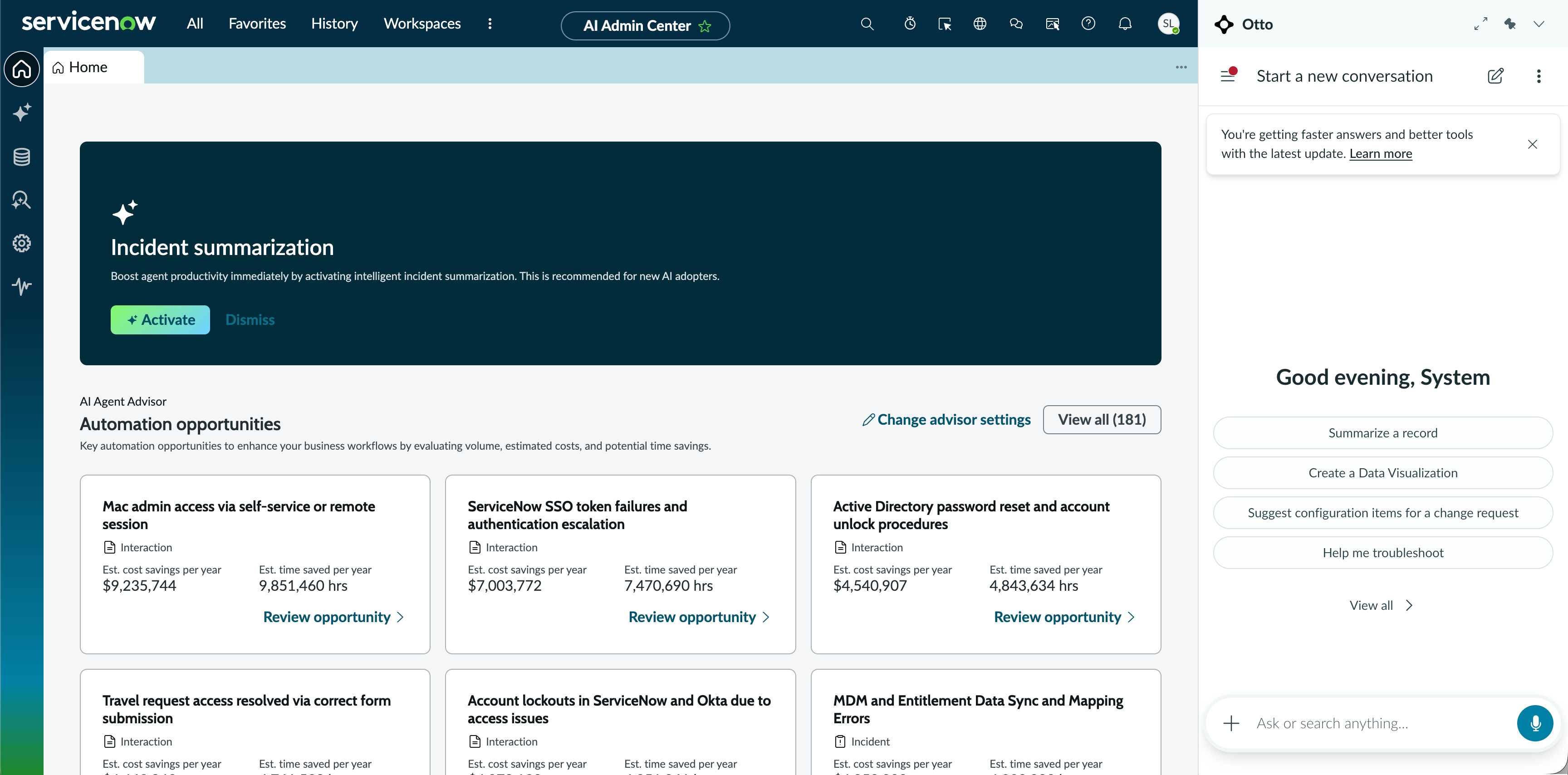The AI Admin Center workspace displays features that helps you to access and manage your AI solutions from a single place.
