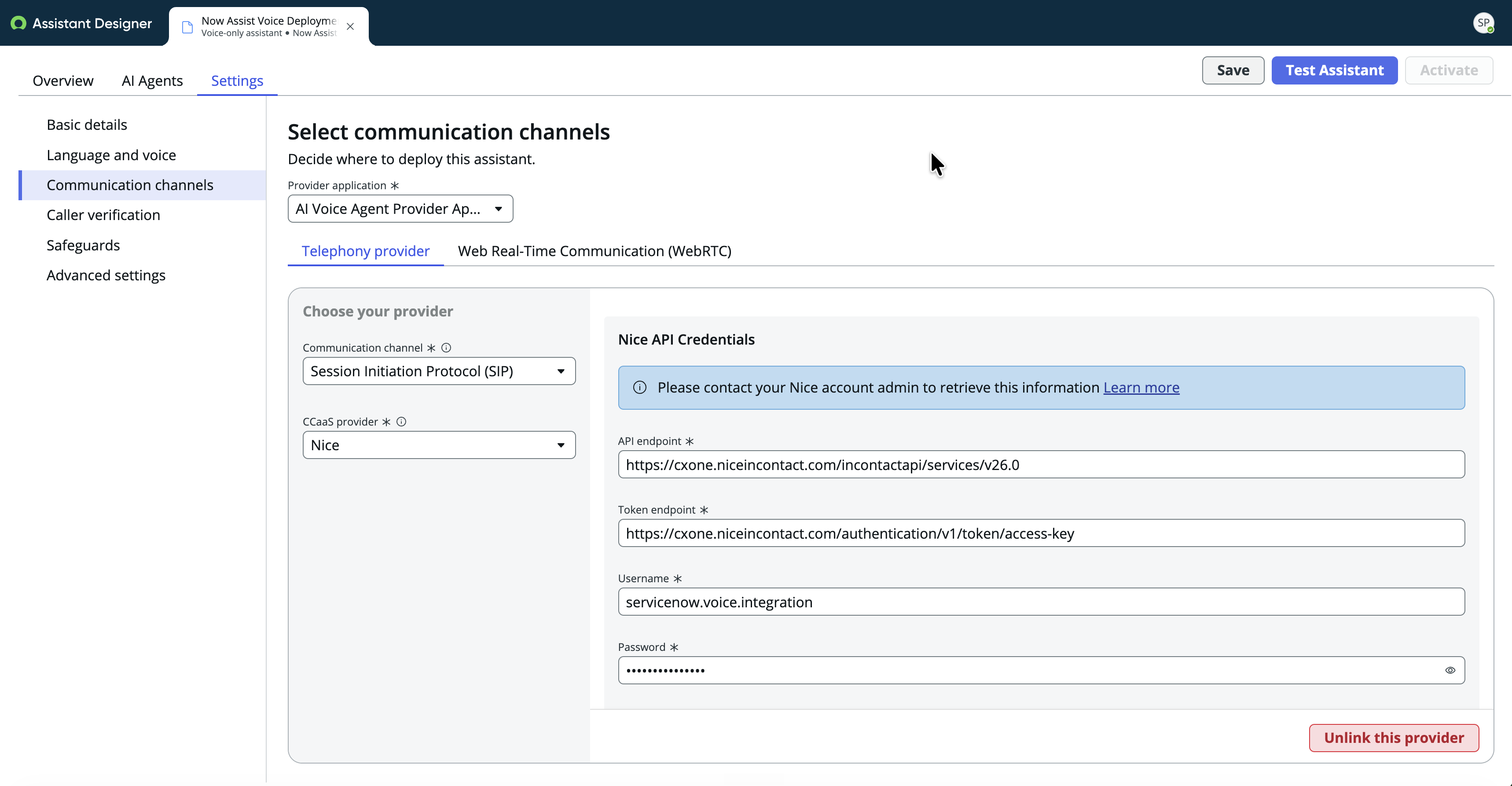 The Communication channels guided setup with NICE selected as the CCaaS provider, showing the NICE API Credentials section with the API endpoint, token endpoint, username, and password fields.