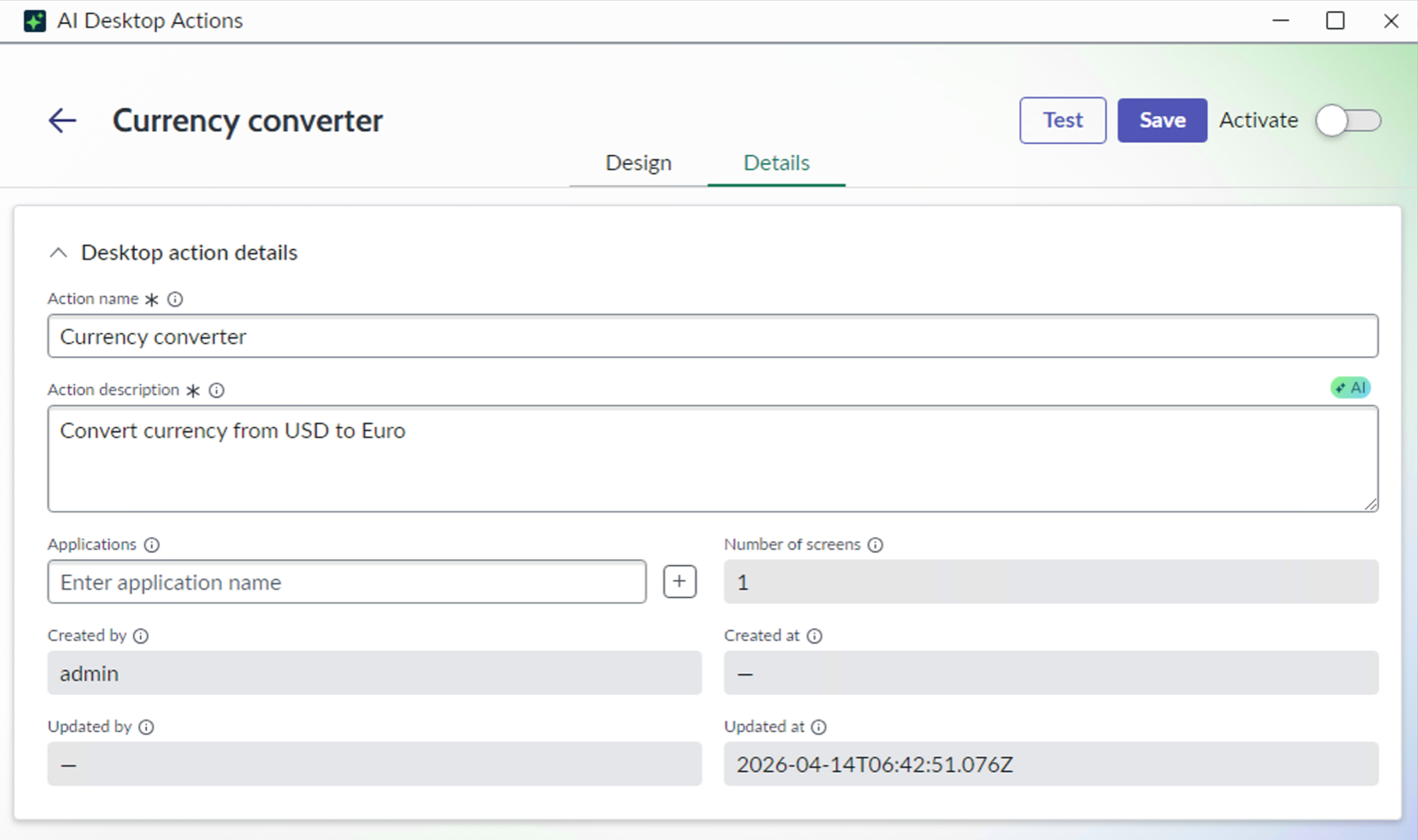 AI Desktop Actions details tab displaying name, description, application, and many other fields, along with inputs and outputs.