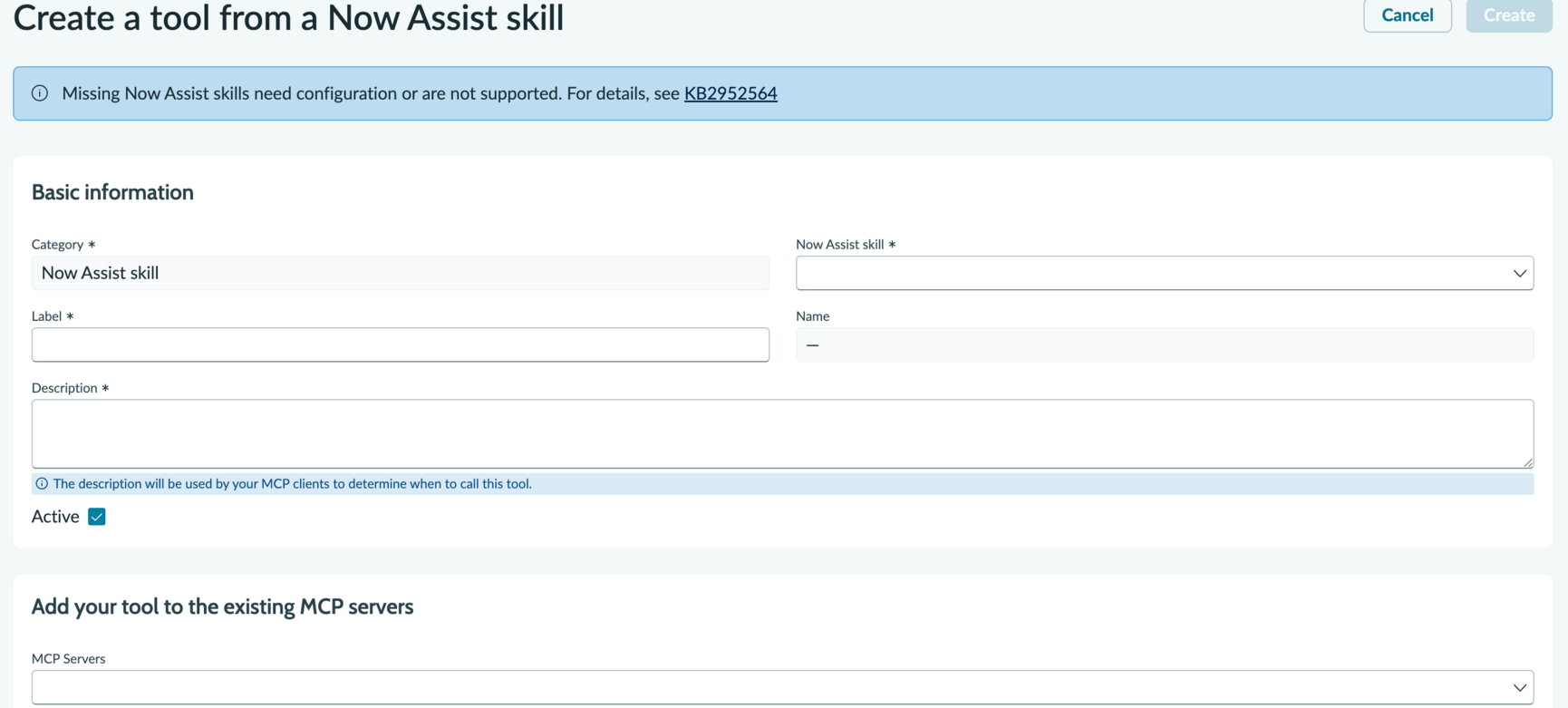 Create tool from Now Assist skill