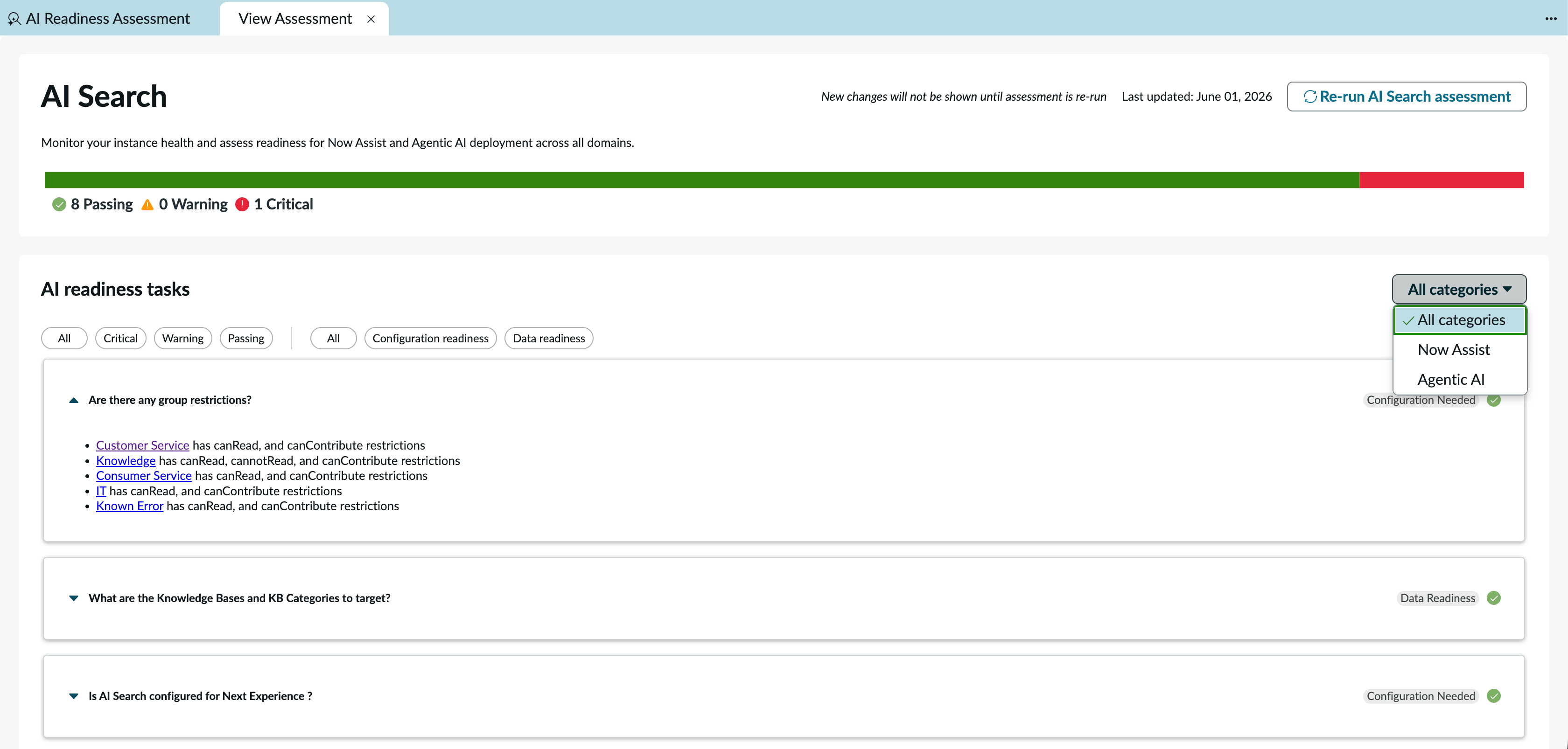 View Assessment tab showing the detailed results of a readiness assessment.