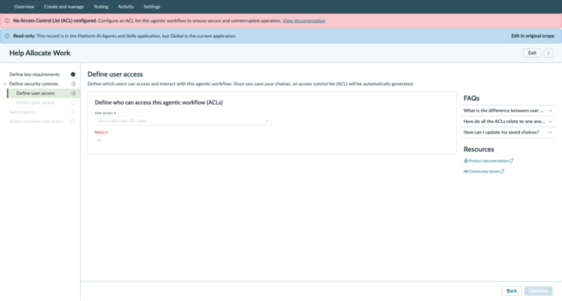 An agentic workflow guided setup page displaying a warning banner when no ACLs are configured.