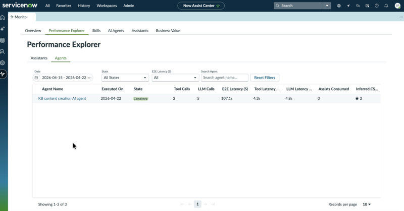 Agents tab of the Performance Explorer dashboard, showing a table of AI agent executions with latency, call, and CSAT columns.