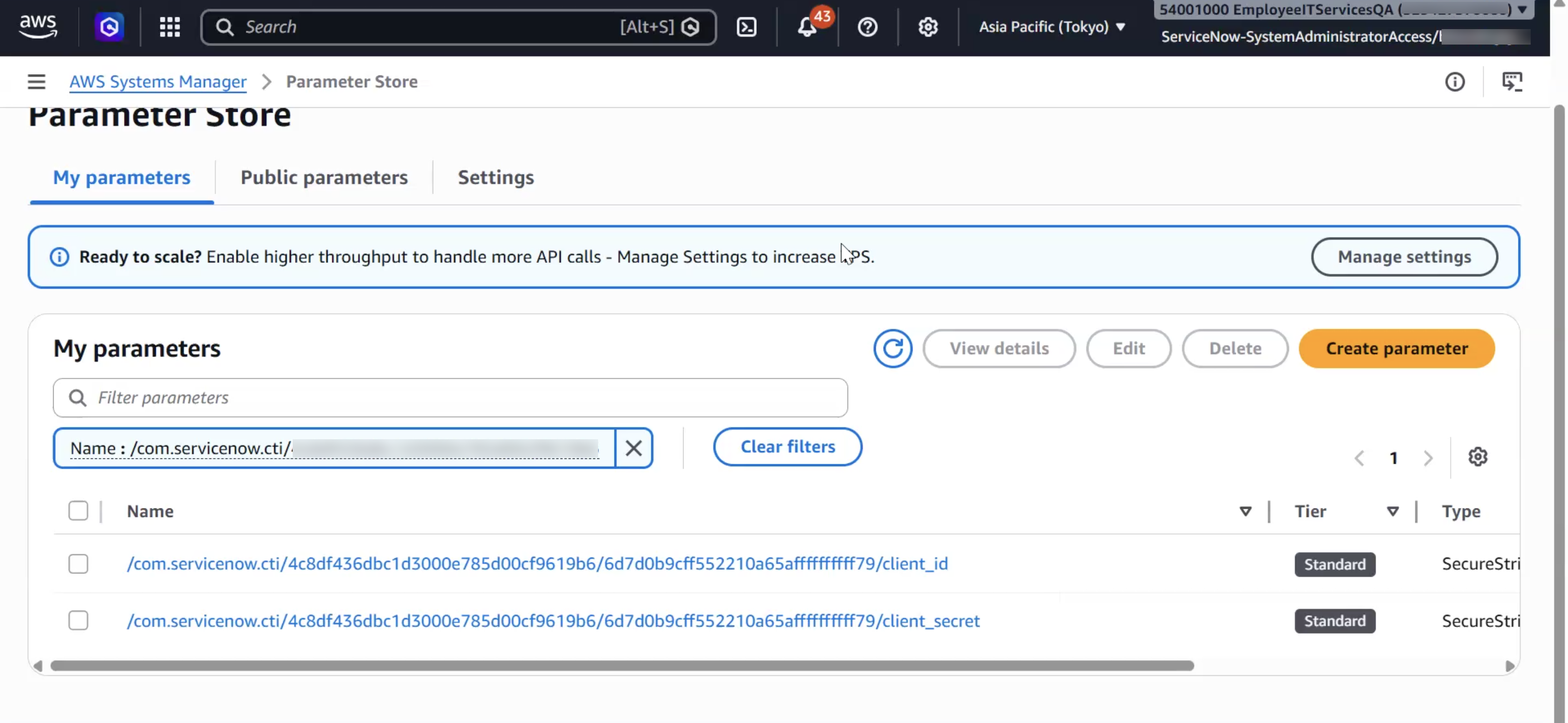 AWS Parameter Store filtered to the /com.servicenow.cti/ path, showing the client_id and client_secret parameters created as SecureString type.