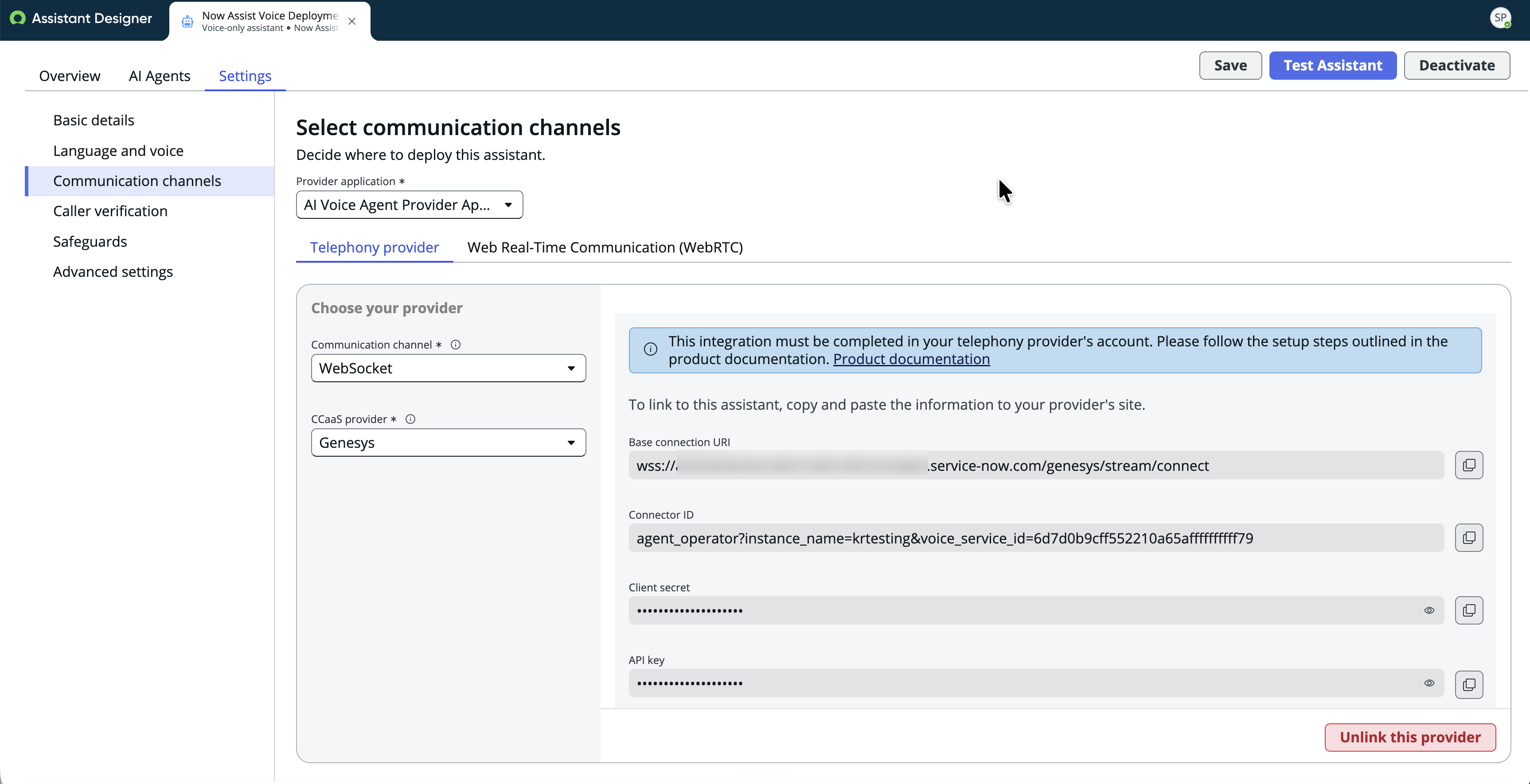 Genesys Cloud service integration configuration.