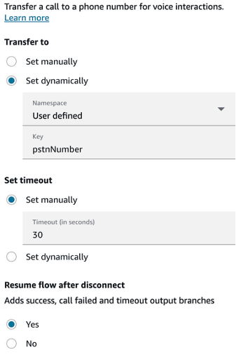 The Transfer to phone number block configured with Transfer to set dynamically using the pstnNumber contact attribute, and Resume flow after disconnect set to Yes.