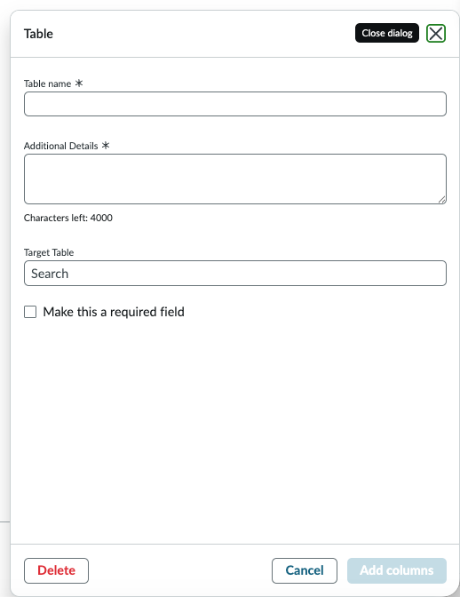 Table form used to specify information to extract from a document.