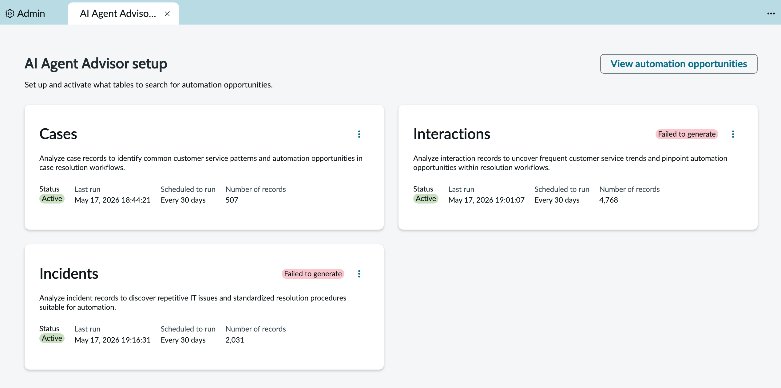 Automation Opportunities Setup page showing a card for each data source.