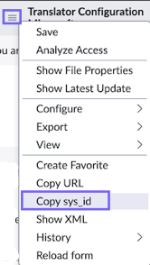 On a translation service provider record in the Translator Configurations table, the form context menu is selected and Copy sys_id is highlighted.