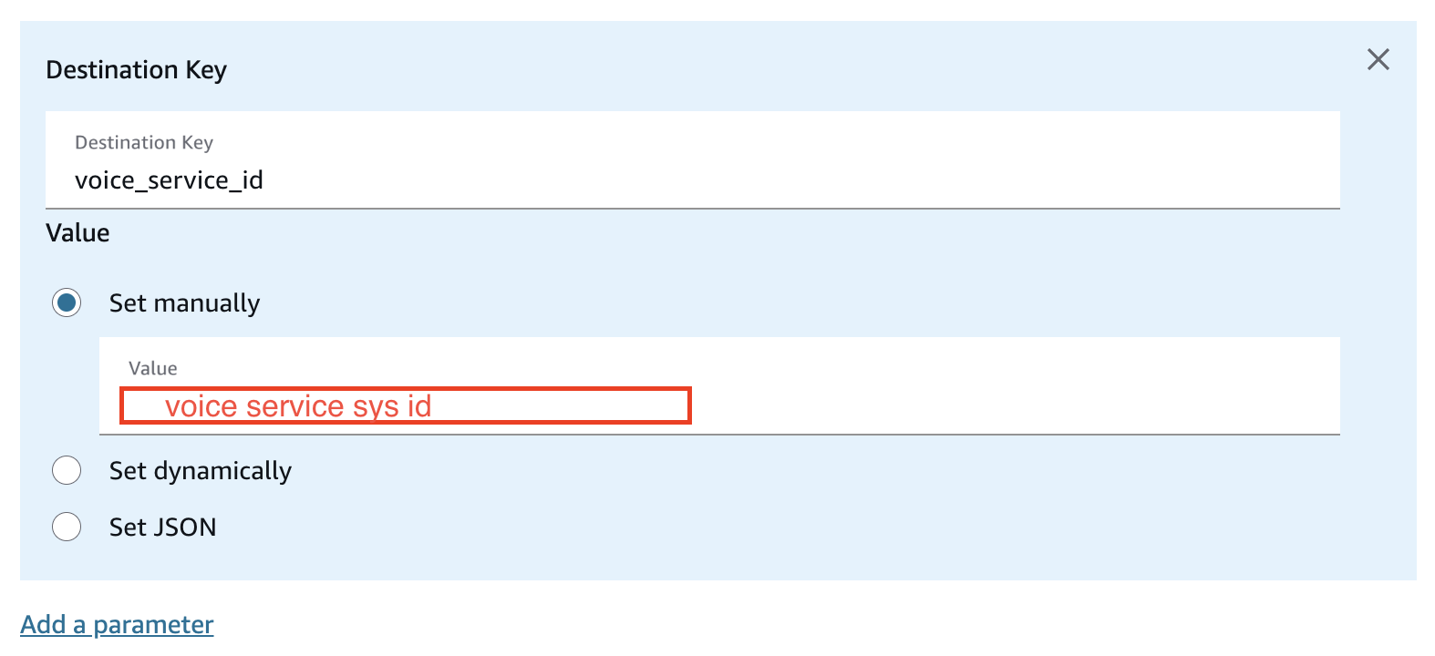 The Destination Key dialog in an AWS Lambda function block showing the voice_service_id key with its value set to the voice service sys_id.