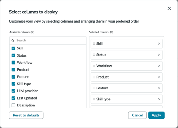Select columns to display box with options for adding, removing, and reordering table columns.