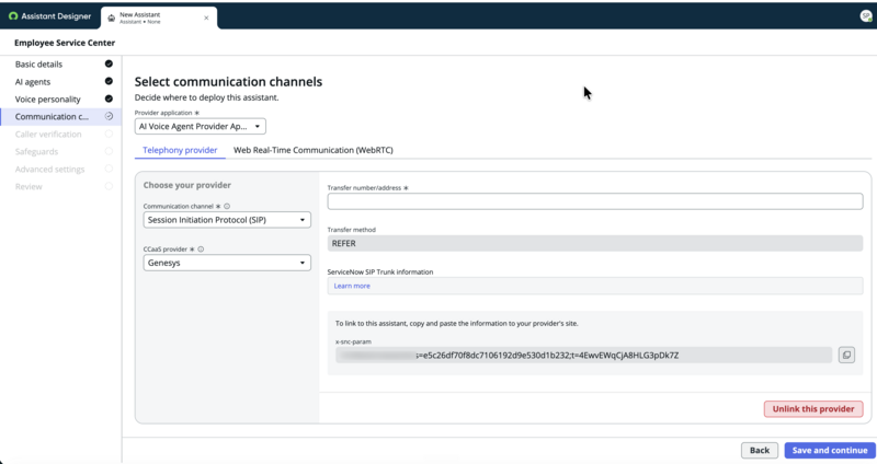 Communication channels step with Telephony provider tab selected, showing SIP channel type, Genesys provider, Transfer number, Transfer method, SIP Trunk information, and x-snc-param fields.