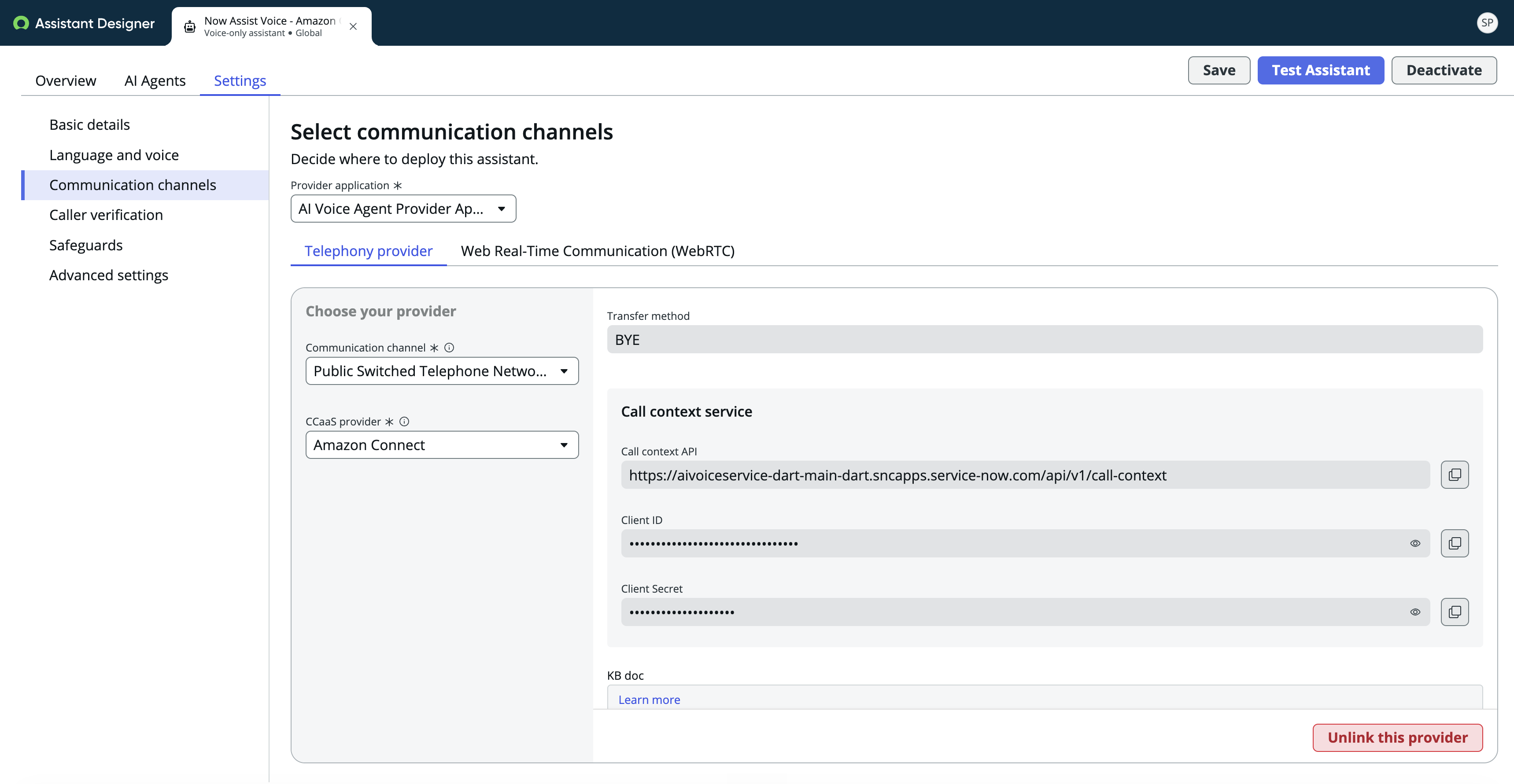 Amazon Connect integration configuration showing the Transfer method, Call context API URL, Client ID, Client Secret, and KB doc fields.